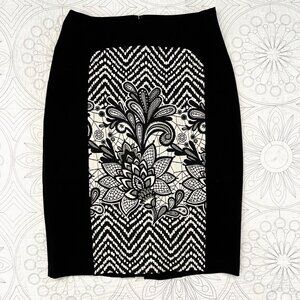 EVA FRANCO Floral Midi Pencil Skirt Black/Ivory Jacquard Knit Ponte anthropolog